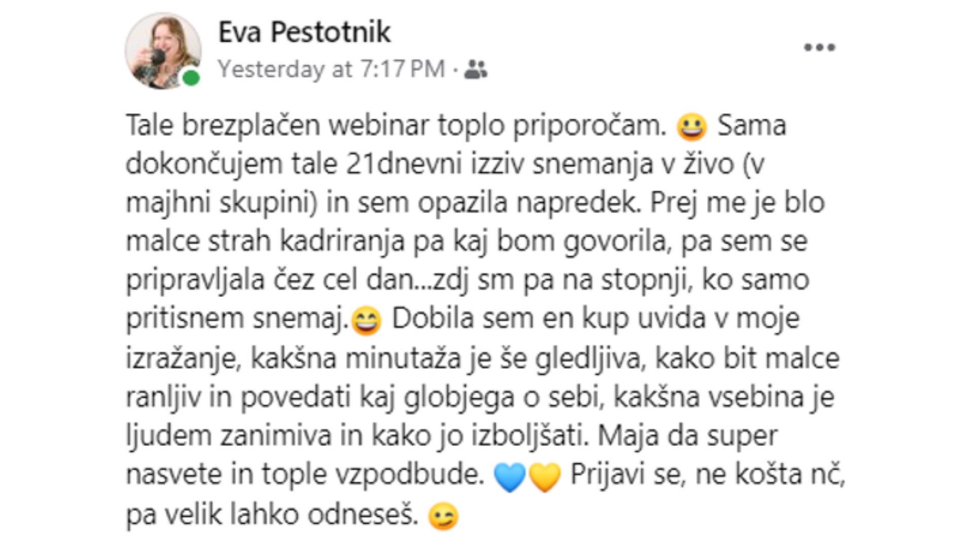 Osebna izkušnja Video izziv Samozavestno pred kamero_Eva Prestotnik