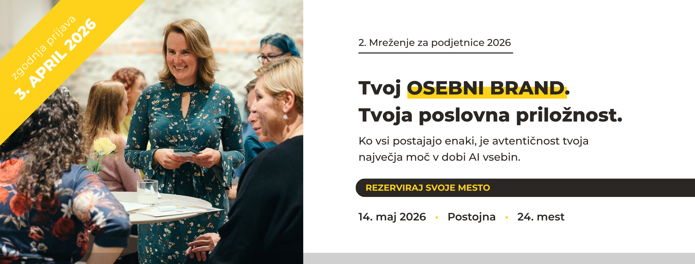 Vabilo na Mreženje za podjetnice 2026 pod naslovom: TVOJ OSEBNI BRAND TVOJA POSLOVNA PRILOŽNOST, ki bo 14 maja v Postojni z Majo Lapajne.