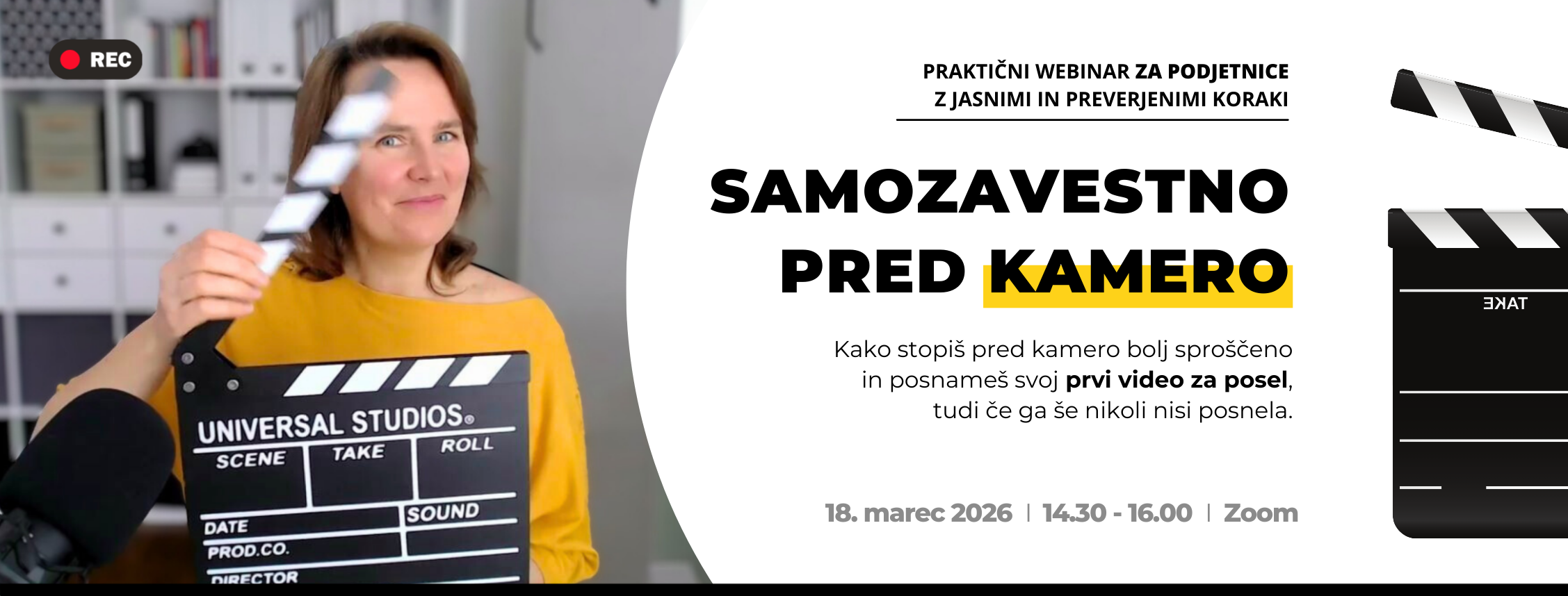 Mentorica za marketing Maja Lapajne z režijsko klapo v roki vabi na webinar Samozavestno pred kamero za podjetnice, ki želijo začeti z videom za svoj posel.